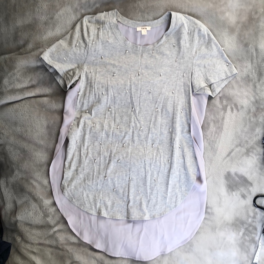 - Grey Rhinestoned Detail Sheer Chiffon Back T-shirt Women Small